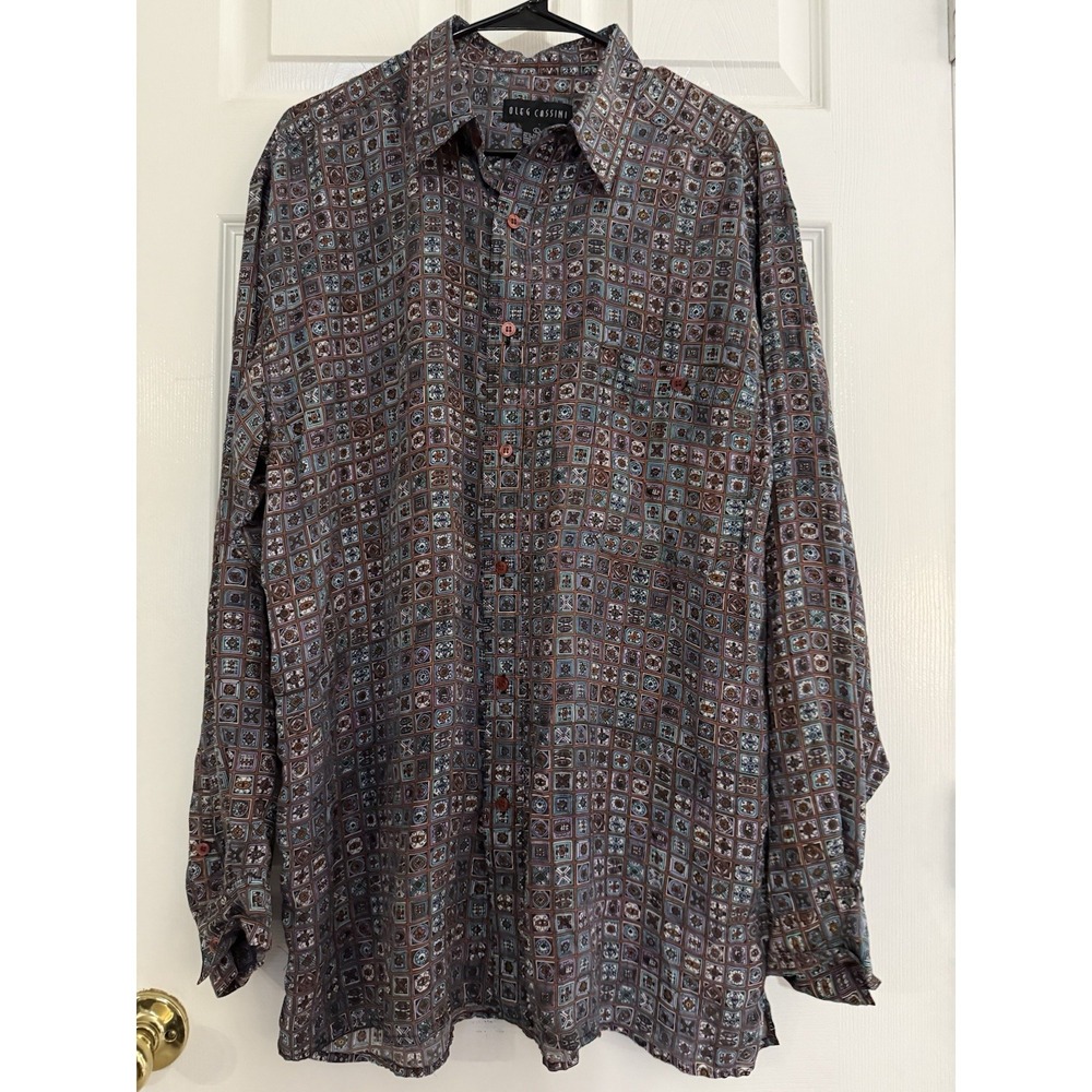Oleg Cassini Silk Long Sleeve Button Down Men Shirt  Large 70's Disco Busy Print